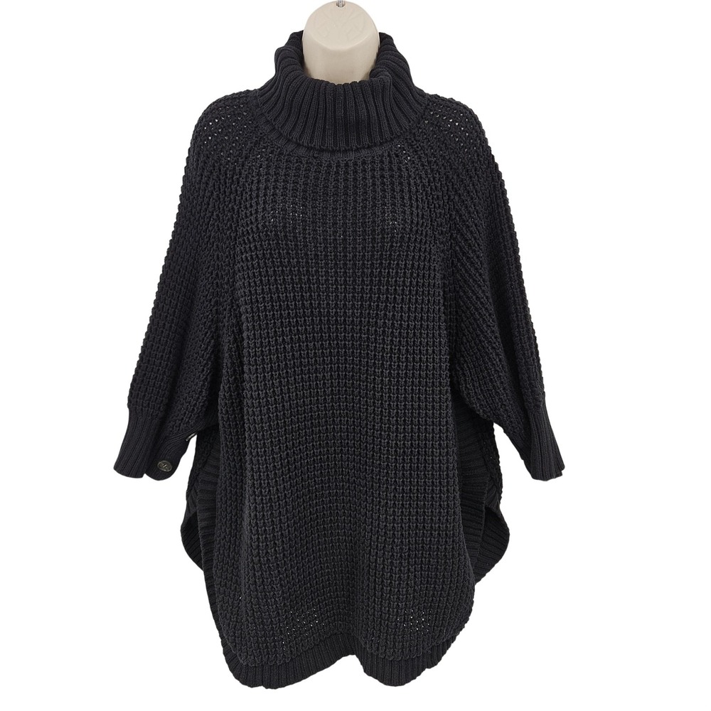 J.Crew‎ Chunky Knit Turtleneck Poncho Sweater Women L/XL Black Fisherman Cape
